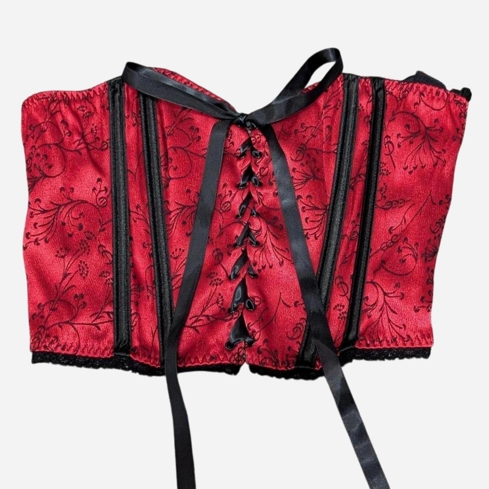 Fredericks of Hollywood Gothic Black and Red Floral Pattern Lace-Up Bustier - Picture 2 of 8